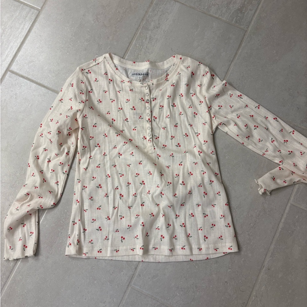 Cream Long Sleeve Top with Red Cherry Print